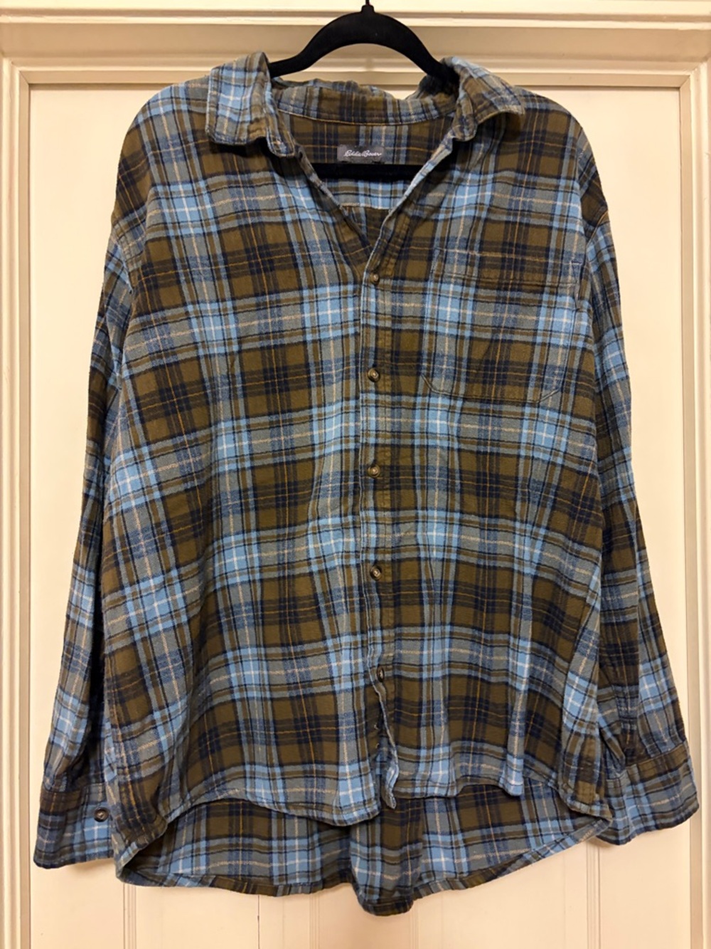 Eddie Bauer Plaid Button-Down Shirt in Blue and Olive